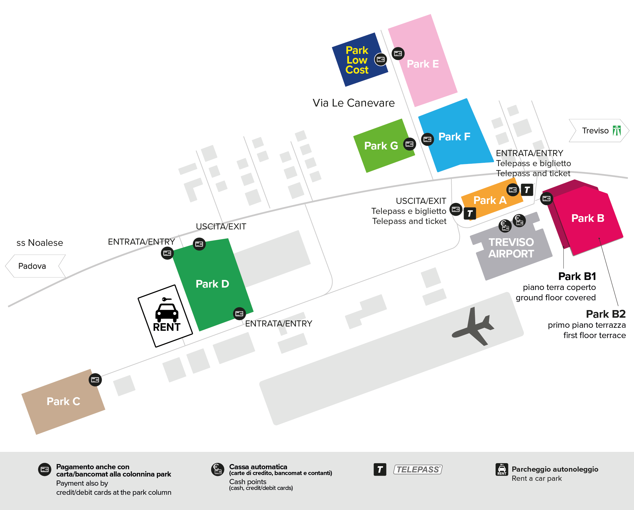 Mappa dei parcheggi dell'Aeroporto di Treviso